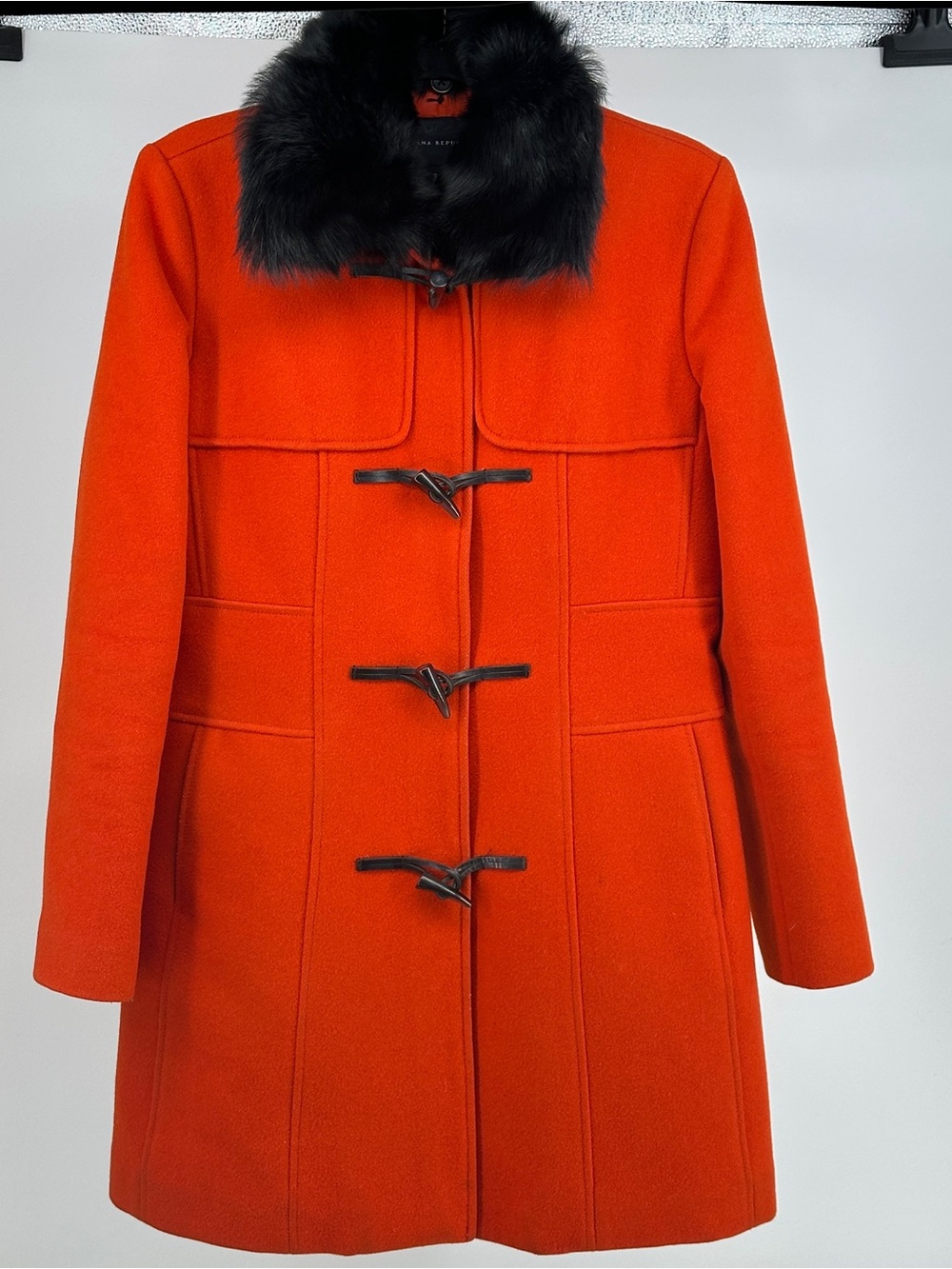 Banana Republic Small Orange Wool Toggle Coat Removable Black Fur Collar